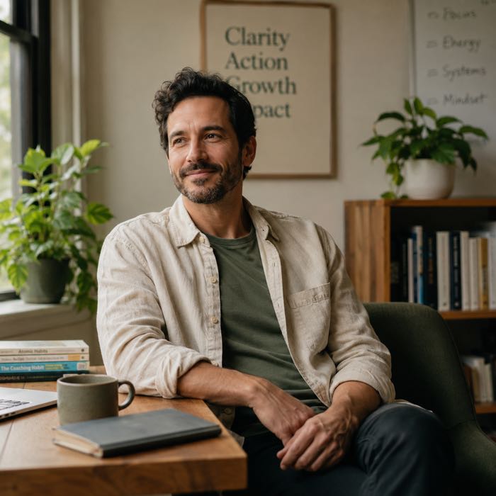 A mindset teacher, seated at his desk.